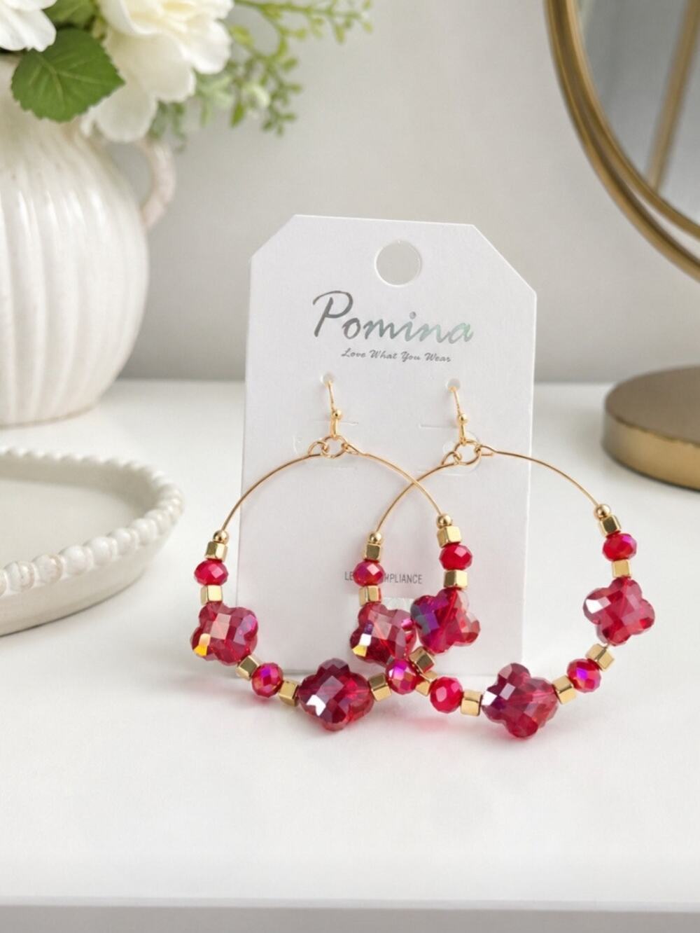 Pomina Gold Red Crystal Faceted Clover Beads New